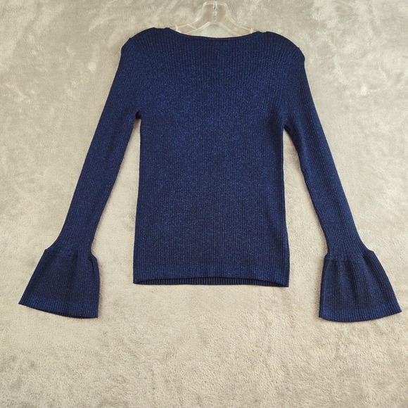 Loft Sweater Womens Small Blue Metallic Shimmer Ribbed Knit Bell Sleeve Feminine - Picture 2 of 10